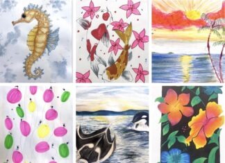 a collage of paintings of sea animals and flowers